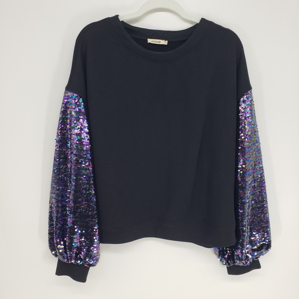 Essue Sequin Sleeve Sweatshirt Women Size M/L Black Iridescent Sparkle Glam